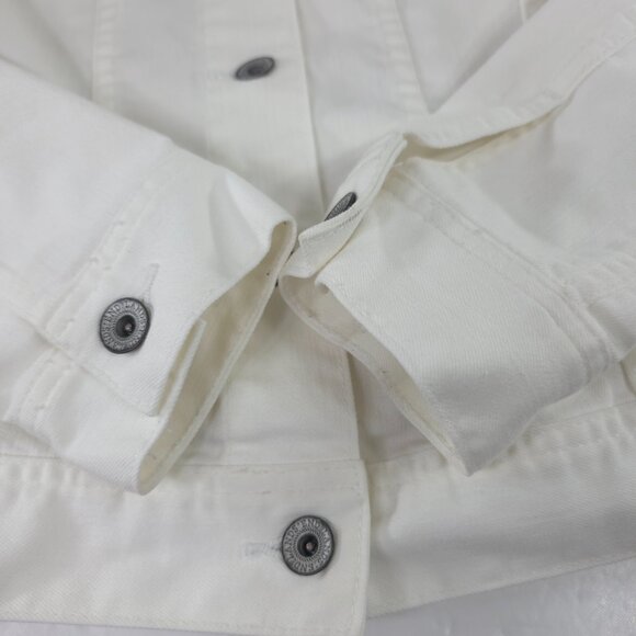 LANDS END WHITE DENIM JACKET WOMEN'S SIZE XS EMBROIDERED BLUE HUMMINGBIRD BUTTON - Picture 12 of 16